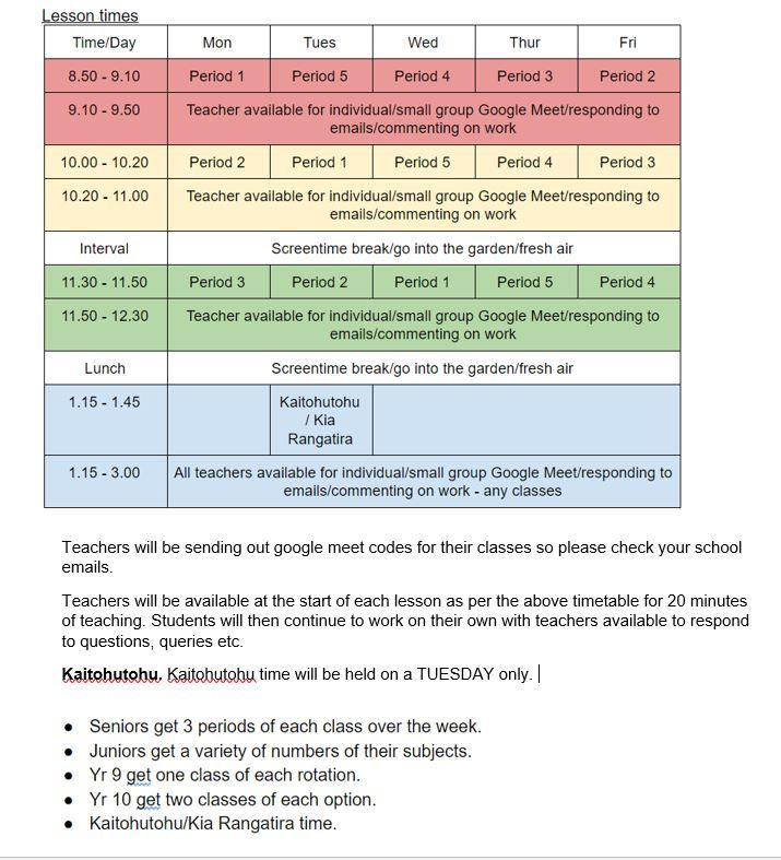 Covid Level 3 Timetable   From 1 March 2021