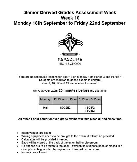 Senior derived grades exam week 18 - 22 September 2023